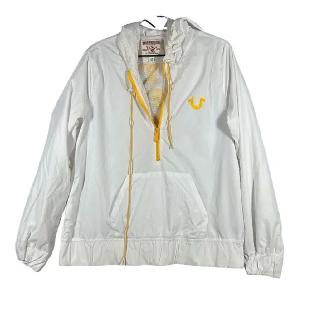 True Religion Windbreaker Jacket‎ Womens XL Hooded Half Zip Mesh Lined White